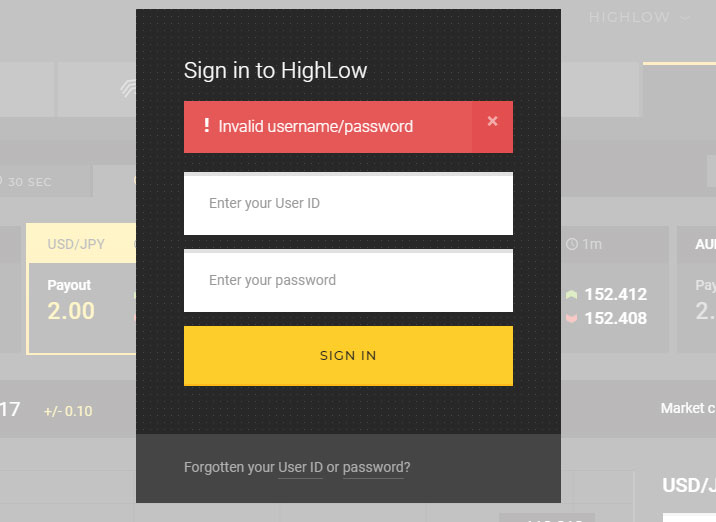 High-Low Australia　The screen of login error