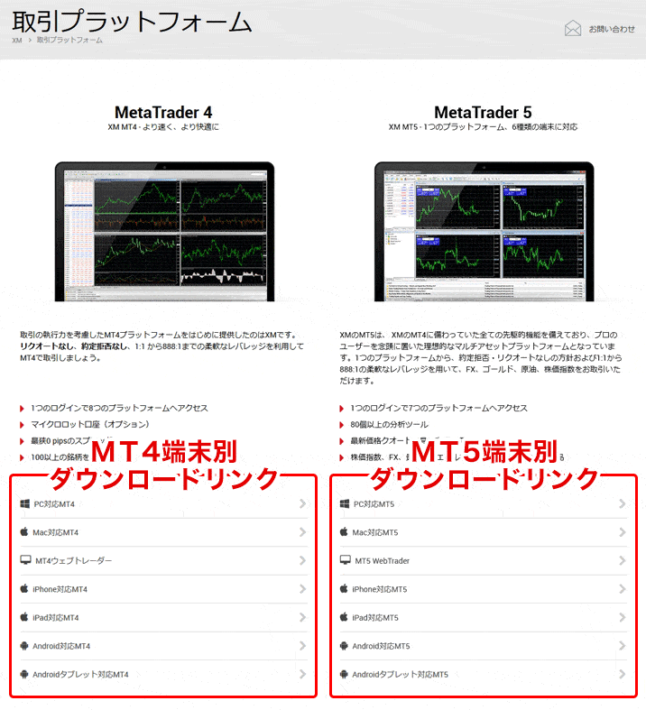 XMのMT4、MT5ダウンロードの対象選択ページ