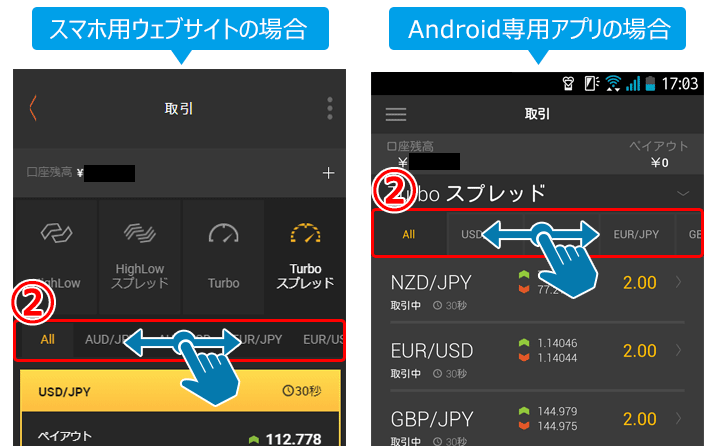 ハイローオーストラリア スマホ・アプリの通貨ペア選択