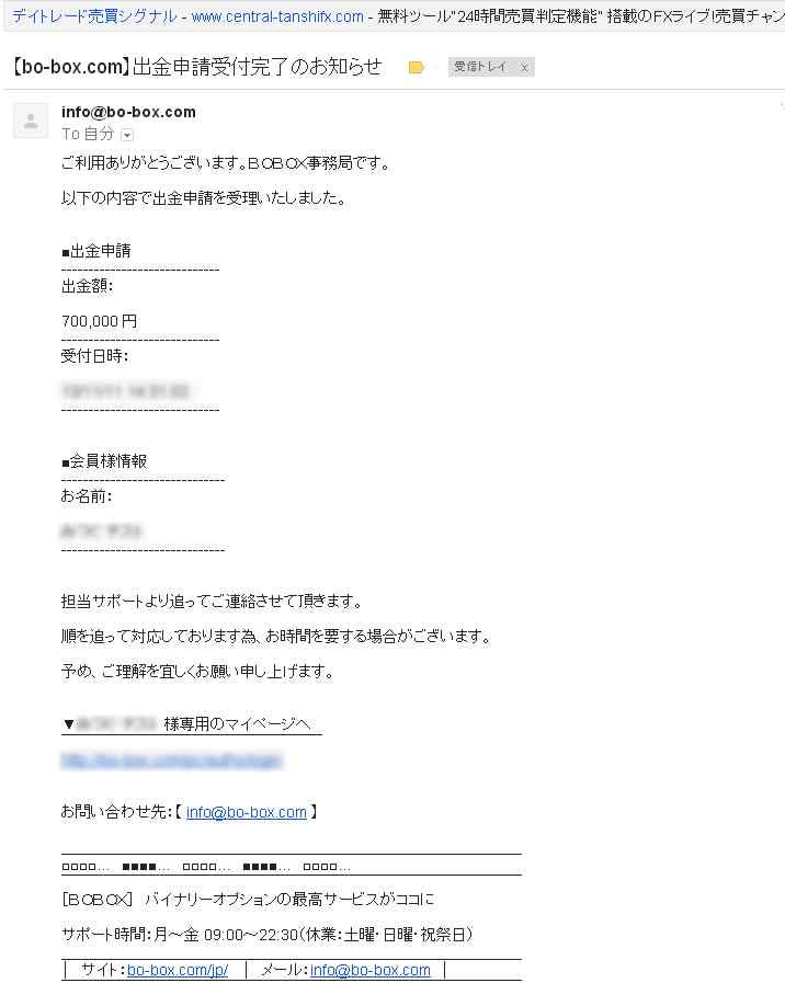BOBOX出金要請完了メール