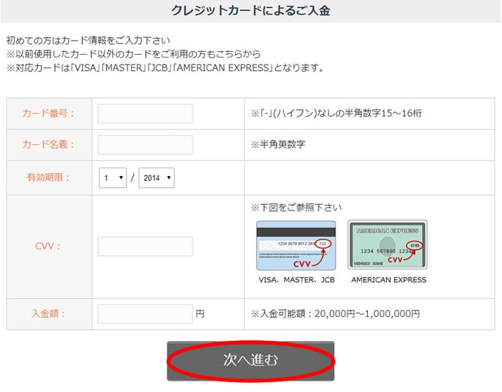 EXオプションクレジットカード入金画面