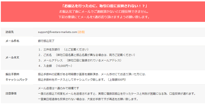 ファイブスターズマーケッツの三井住友銀行　注意点