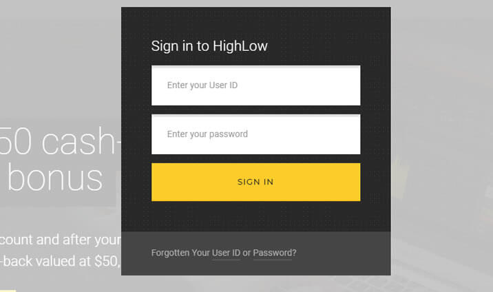 Login screen in High-Low Australia