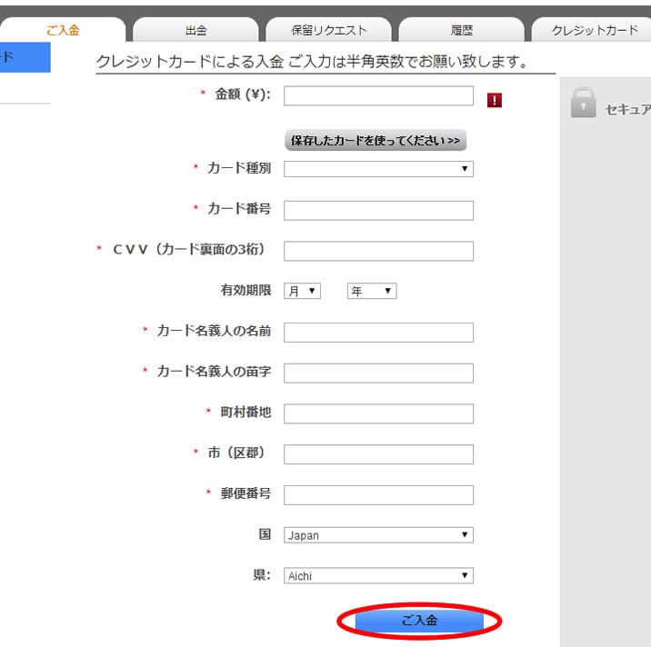 オプション99の入金画面
