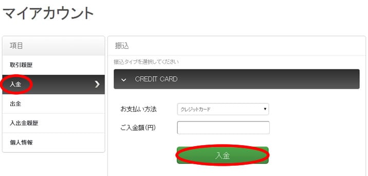 トレード101の入金画面