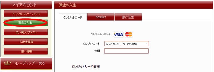 VIPオプションの入金フォーム