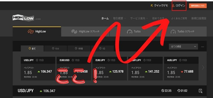 ハイローオーストラリア　ログインをクリック