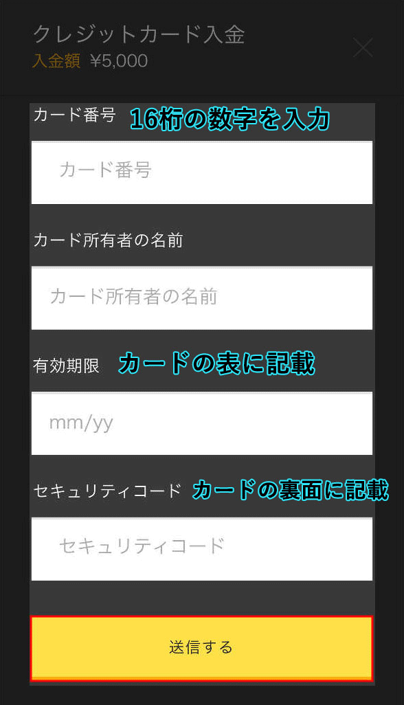 クレジットカード情報の入力画面