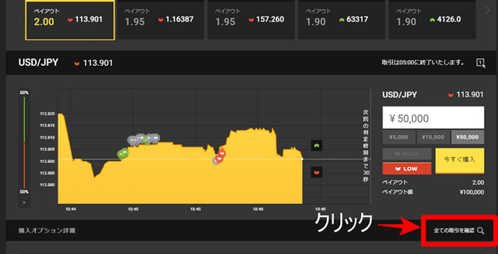 取引画面の下にある「全ての取引を確認」をクリック